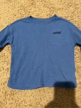 Cat & Jack Blue Waffle Knit Long Sleeve Top with "Cool" Embroidery
